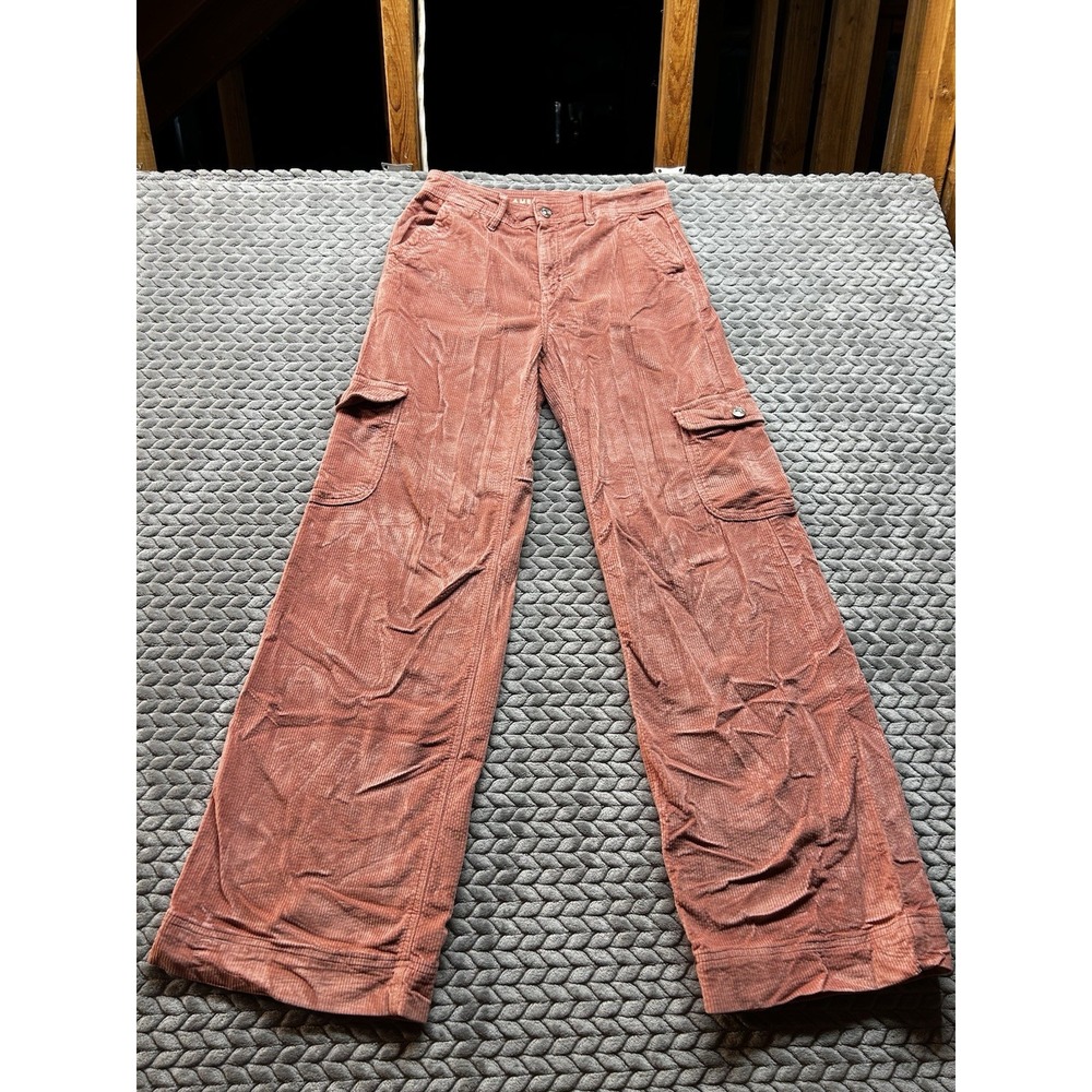 American Eagle Womens 8 Corduroy Cargo Pants Wide Leg Y2K Pink Stretch